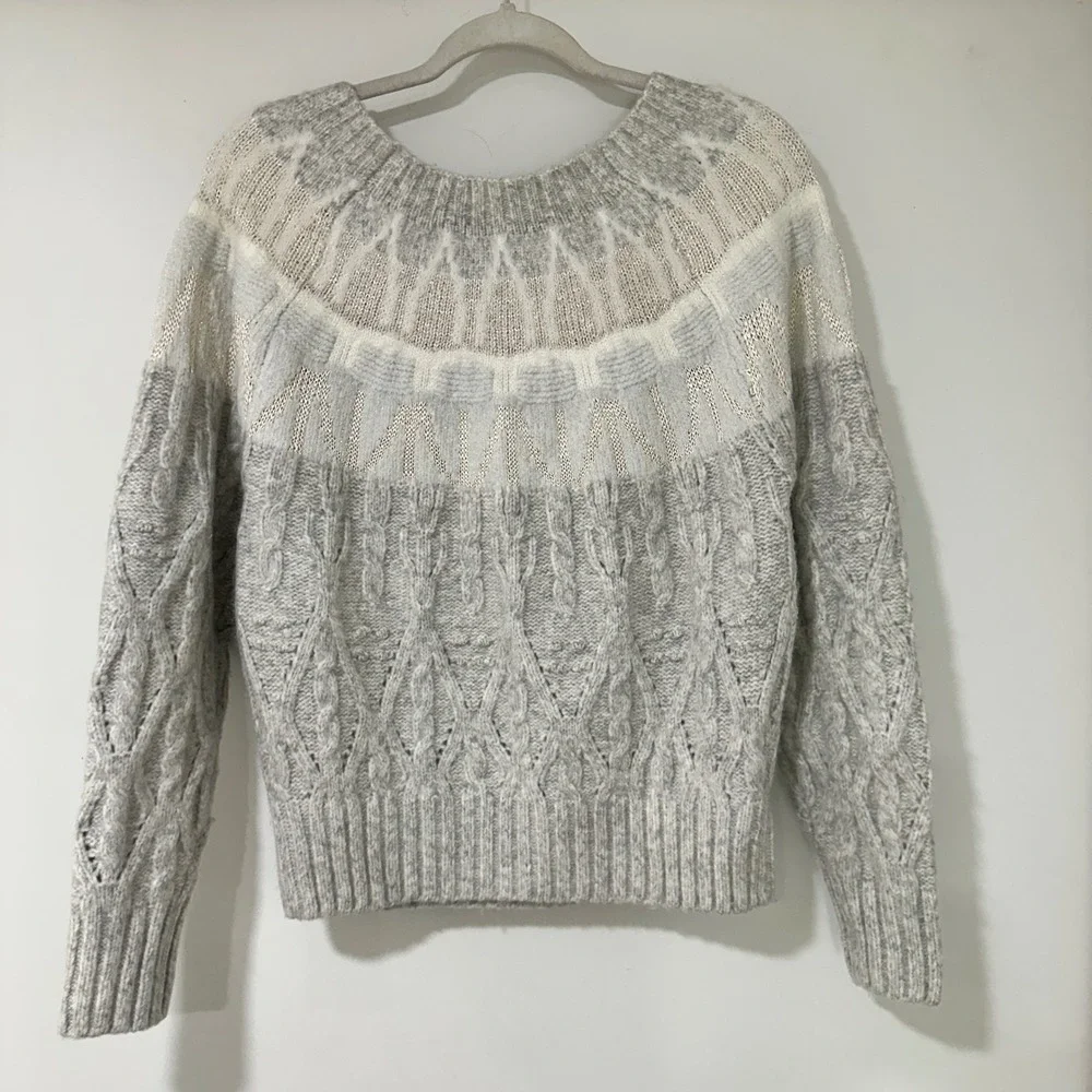 White House Black Market Fair Isle Cable Knit Sweater Women S Gray Metallic Wool